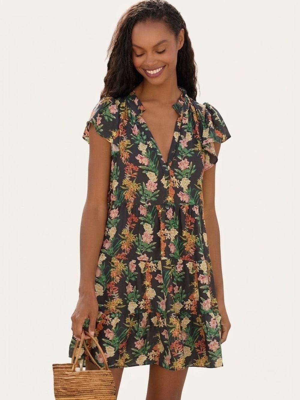 The Shelbie Tiered Mini Dress Flutter-Sleeve  Black Pink Green Floral Sz L